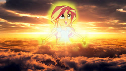 Size: 1280x720 | Tagged: safe, sunset shimmer, equestria girls, my past is not today, catasterism, glow, goddess, happy, pun, sunset, sunshine shimmer, visual pun