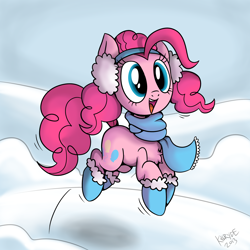 Size: 3000x3000 | Tagged: safe, artist:killryde, pinkie pie, earth pony, pony, boots, chest fluff, clothes, earmuffs, happy, pronking, scarf, shoes, snow, solo, winter