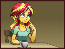 Size: 1024x768 | Tagged: safe, artist:gabbslines, sunset shimmer, equestria girls, coffee mug, smiling, solo