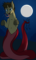 Size: 1272x2087 | Tagged: safe, artist:chancemccoy, derpibooru import, oc, oc:chance mccoy, oc:daylit inquiry, lamia, original species, snake, snake pony, unicorn, belly button, long tongue, male, moon, night, plushie, solo, tongue out