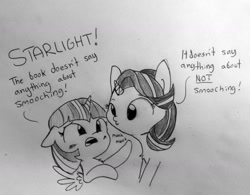 Size: 1280x998 | Tagged: safe, artist:tjpones, starlight glimmer, twilight sparkle, twilight sparkle (alicorn), alicorn, pony, unicorn, blushing, chest fluff, dialogue, female, grayscale, imminent kissing, lesbian, mare, monochrome, mwah, non-consensual smoochies, shipping, simple background, smooch, traditional art, twistarlight, varying degrees of want, white background