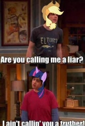 Size: 324x480 | Tagged: safe, derpibooru import, edit, edited screencap, screencap, applejack, twilight sparkle, human, applejack's hat, clothes, drake & josh, drake bell, element of honesty, foam finger (drake & josh), hat, image macro, irl, irl human, josh peck