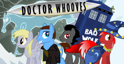 Size: 998x516 | Tagged: safe, derpy hooves, doctor whooves, king sombra, star swirl the bearded, oc, pegasus, pony, windigo, bad wolf, doctor who, female, mare, ninth doctor, tardis