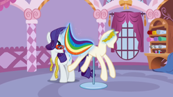 Size: 800x450 | Tagged: safe, screencap, rarity, pony, unicorn, suited for success, art of the dress, clothes, dress, glasses, mannequin, measuring tape, rarity's glasses, solo