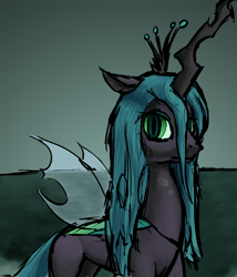 Size: 806x941 | Tagged: safe, artist:warskunk, queen chrysalis, changeling, changeling queen, colored sketch, female, looking at you, simple background, solo