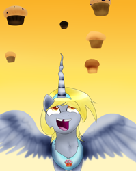 Size: 1198x1503 | Tagged: safe, artist:b1uem00n, derpy hooves, alicorn, pony, alicornified, derpicorn, gap teeth, muffin, muffin queen, race swap, solo