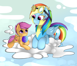 Size: 3500x3000 | Tagged: safe, artist:malamol, derpibooru import, rainbow dash, scootaloo, pegasus, pony, candy, clothes, cloud, cute, female, filly, food, goggles, lollipop, on a cloud, scootalove, the cmc's cutie marks, uniform, wonderbolt trainee uniform