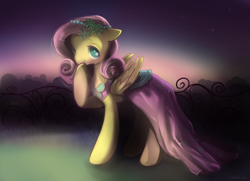 Size: 1654x1200 | Tagged: safe, artist:wolfiedrawie, fluttershy, pegasus, pony, a canterlot wedding, bridesmaid dress, clothes, covering mouth, cute, dress, female, floppy ears, folded wings, looking at you, mare, no pupils, raised hoof, shyabetes, solo