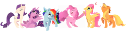 Size: 4600x1237 | Tagged: safe, artist:precosiouschild, derpibooru import, applejack, fluttershy, pinkie pie, rainbow dash, rarity, twilight sparkle, twilight sparkle (alicorn), alicorn, earth pony, pegasus, pony, unicorn, female, mane six, mare