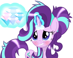 Size: 2928x2346 | Tagged: safe, artist:lovehtf421, starlight glimmer, pony, unicorn, blushing, diamond, gem, high res, lip bite, magic, messy mane, simple background, solo, white background