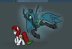 Size: 1276x868 | Tagged: safe, artist:jessy, queen chrysalis, oc, oc:palette swap, changeling, changeling queen, earth pony, pony, duo, female, mare, tumblr, tumblr:ask palette swap