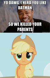 Size: 400x616 | Tagged: safe, applejack, earth pony, pony, batman, image macro, my parents are dead, photo, xzibit, yo dawg