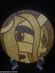 Size: 1620x2160 | Tagged: safe, artist:aracage, queen chrysalis, changeling, changeling queen, bust, coaster, craft, etsy, food, irl, photo, pocky, pyrography, traditional art, woodwork