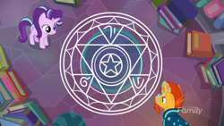 Size: 1280x720 | Tagged: safe, screencap, starlight glimmer, sunburst, pony, celestial advice, book, magic, magic circle, summoning circle