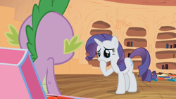 Size: 1280x720 | Tagged: safe, screencap, rarity, spike, dragon, pony, unicorn, secret of my excess, out of context