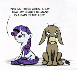 Size: 640x586 | Tagged: safe, artist:el-yeguero, cranky doodle donkey, rarity, donkey, pony, unicorn, duo, pun, simple background, white background