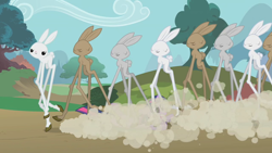 Size: 1280x720 | Tagged: safe, derpibooru import, screencap, angel bunny, twilight sparkle, rabbit, the return of harmony, angel is a bunny bastard, bunny stampede, dust cloud, girabbit, stampede