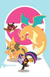 Size: 522x800 | Tagged: safe, artist:alienfirst, derpibooru import, twilight sparkle, crossover, dragonite, hoothoot, kadabra, pokémon