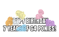 Size: 800x500 | Tagged: safe, artist:curiouskeys, derpibooru exclusive, derpibooru import, applejack, fluttershy, pinkie pie, rainbow dash, rarity, twilight sparkle, earth pony, pegasus, pony, unicorn, chibi, happy birthday mlp:fim, mane six, mlp fim's seventh anniversary