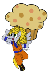 Size: 700x1100 | Tagged: safe, artist:zerohenry, derpy hooves, pegasus, pony, dragon ball z, female, giant muffin, mare, muffin, parody, super saiyan