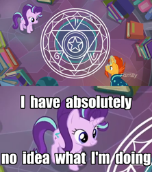 Size: 1280x1440 | Tagged: safe, edit, edited screencap, screencap, starlight glimmer, sunburst, pony, celestial advice, book, i have no idea what i'm doing, magic, magic circle, summoning circle, what could possibly go wrong