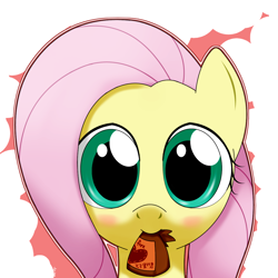 Size: 1080x1080 | Tagged: safe, artist:hoyeechun, fluttershy, pegasus, pony, bust, chocolate, mouth hold, portrait, solo, valentine