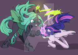 Size: 400x282 | Tagged: safe, artist:yukandasama, queen chrysalis, twilight sparkle, twilight sparkle (alicorn), alicorn, changeling, changeling queen, pony, deviantart watermark, female, fight, good vs evil, mare, obtrusive watermark, watermark