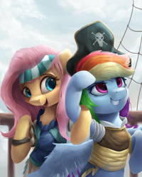 Size: 800x1000 | Tagged: safe, artist:vanillaghosties, derpibooru import, fluttershy, rainbow dash, pegasus, pony, my little pony: the movie, clothes, duo, duo female, female, hat, mare, multicolored hair, pirate, pirate hat, pirate ship, ship, smiling