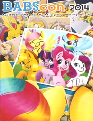 Size: 1664x2177 | Tagged: artist needed, safe, artist:steve holts, artist:steveholt, derpibooru import, applejack, fluttershy, pinkie pie, rainbow dash, rarity, twilight sparkle, oc, oc:golden gates, earth pony, pegasus, pony, unicorn, babscon, babscon mascots, book, convention, cover, cover art, missing horn, san francisco