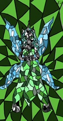 Size: 426x812 | Tagged: safe, artist:snow quill, queen chrysalis, anthro, changeling, changeling queen, unguligrade anthro, abstract background, female, hands together