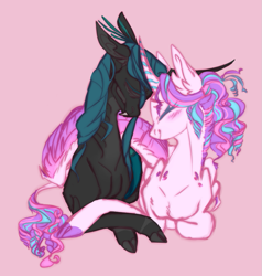 Size: 869x914 | Tagged: safe, artist:eqq_scremble, derpibooru exclusive, princess flurry heart, queen chrysalis, alicorn, changeling, changeling queen, classical unicorn, pony, unicorn, adopted offspring, alternate design, blush lines, cloven hooves, cuddling, daughter, eqqverse, female, headcanon, leonine tail, mare, mommy chrissy, mother, mother and child, mother and daughter, next generation, nuzzling, older, older flurry heart, parent and child, simple background, smiling, unshorn fetlocks