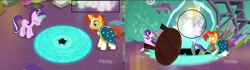 Size: 794x223 | Tagged: safe, screencap, princess celestia, spike, starlight glimmer, sunburst, twilight sparkle, twilight sparkle (alicorn), alicorn, dragon, pony, unicorn, celestial advice, black hole, cape, clothes, duo, female, imminent death, magic, male, mare, stallion, vision