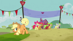 Size: 576x324 | Tagged: safe, screencap, apple bloom, apple flora, applejack, babs seed, red june, sweet tooth, earth pony, pony, apple family reunion, animated, apple family member, apple squash, gif, prehensile tail, tail hold