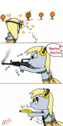 Size: 1047x2073 | Tagged: safe, artist:illkillyoutoo, derpy hooves, pegasus, pony, ar15, banana, female, firing range, gun, mare, muffin