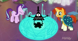 Size: 1024x543 | Tagged: safe, edit, edited screencap, screencap, princess celestia, spike, starlight glimmer, sunburst, twilight sparkle, twilight sparkle (alicorn), alicorn, dragon, pony, celestial advice, bill cipher, end of the world, gravity falls, xk-class end-of-the-world scenario