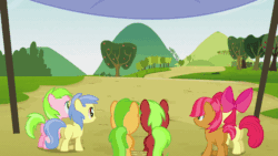 Size: 576x324 | Tagged: safe, screencap, apple bloom, apple flora, applejack, babs seed, red june, sweet tooth, earth pony, pony, apple family reunion, animated, apple family member, apple squash, gif