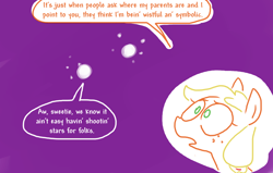 Size: 882x562 | Tagged: safe, artist:the weaver, applejack, earth pony, pony, applejack's parents, dialogue, female, jossed, looking up, mare, missing accessory, night, night sky, parent, shooting star, sky, speech bubble, weaver you magnificent bastard