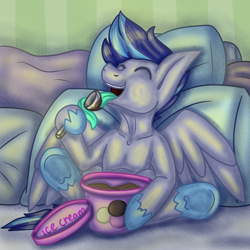 Size: 1500x1500 | Tagged: safe, artist:janeander, derpibooru import, oc, oc only, oc:aspen volare, pegasus, pony, food, ice cream, long tongue, pillow, solo, tongue out, ych result