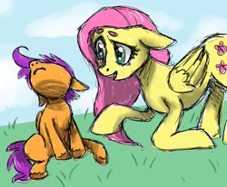 Size: 1280x1061 | Tagged: safe, artist:toomuchsoul, fluttershy, scootaloo, pegasus, pony, female, filly, mare