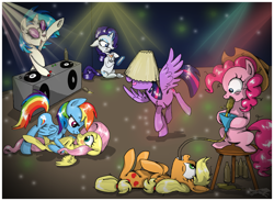 Size: 6538x4796 | Tagged: safe, artist:lostinthetrees, derpibooru import, applejack, dj pon-3, fluttershy, pinkie pie, rainbow dash, rarity, twilight sparkle, twilight sparkle (alicorn), vinyl scratch, alicorn, earth pony, pegasus, pony, unicorn, absurd resolution, alcohol, bedroom eyes, blushing, boop, cocktail, cuddling, dancing, drink, drinking, drunk, drunk aj, drunk twilight, drunkie pie, eye contact, female, flutterdash, funnel, gritted teeth, hat, lampshade, lampshade hat, lesbian, magic, mane six, mare, mouth hold, noseboop, on back, on top, open mouth, party, selfie, shipping, smiling, snuggling, spread wings, stool, surprised, telekinesis, tongue out, turntable, upside down