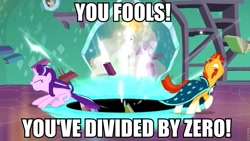 Size: 960x540 | Tagged: safe, edit, edited screencap, screencap, princess celestia, spike, starlight glimmer, sunburst, twilight sparkle, twilight sparkle (alicorn), alicorn, dragon, pony, celestial advice, black hole, divide by zero, image macro, imminent death, math in the comments, mathematics in the comments, meme