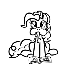 Size: 625x581 | Tagged: safe, artist:nasse, pinkie pie, earth pony, pony, bibliovore, book, eating, homework, looking at you, monochrome, nom, paper, pica, puffy cheeks, sitting, solo