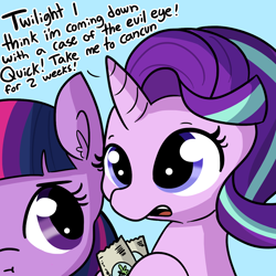 Size: 1280x1280 | Tagged: safe, artist:tjpones, starlight glimmer, twilight sparkle, twilight sparkle (alicorn), alicorn, pony, unicorn, :t, blue background, dialogue, ear fluff, hoof hold, open mouth, simple background, ticket, unamused