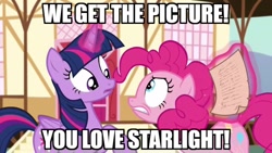 Size: 800x450 | Tagged: safe, edit, edited screencap, screencap, pinkie pie, starlight glimmer, twilight sparkle, twilight sparkle (alicorn), alicorn, pony, the one where pinkie pie knows, image macro, implied lesbian, implied shipping, implied twistarlight, meme