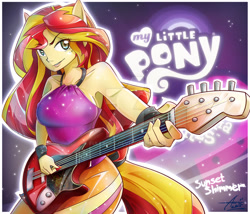 Size: 1024x878 | Tagged: safe, artist:fullb0dy, sunset shimmer, equestria girls, rainbow rocks, armpits, electric guitar, guitar, my little pony logo, ponied up, pony ears, sleeveless, solo, sunset shredder, watermark