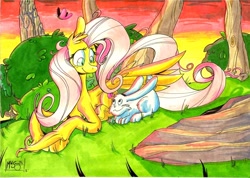 Size: 1280x910 | Tagged: safe, artist:mwsmyth, angel bunny, fluttershy, butterfly, pegasus, pony, rabbit, traditional art