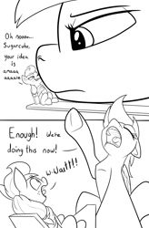 Size: 1500x2286 | Tagged: safe, artist:ponythroat, derpibooru import, applejack, rainbow dash, earth pony, pegasus, pony, comic:failed lunch, angry, comic, dialogue, eye contact, female, implied vore, looking at each other, mare, micro, missing accessory, monochrome, open mouth, rope, sarcasm, sitting, smug, tied up, underhoof