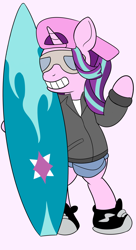 Size: 750x1375 | Tagged: safe, artist:anonymous, starlight glimmer, pony, unicorn, backwards ballcap, baseball cap, bipedal, cap, clothes, grin, hat, parody, pink background, poochie, simple background, smiling, solo, surfboard, the simpsons