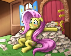 Size: 1016x797 | Tagged: safe, artist:pluckyninja, fluttershy, pegasus, pony, blushing, door, interior, letter, lip bite, love letter, pile, valentine