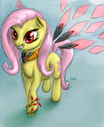 Size: 695x842 | Tagged: safe, artist:vabla, fluttershy, pegasus, pony, alicorn amulet, artificial wings, augmented, corrupted, dark matter, magic, magic wings, solo, wings, zero two (kirby)